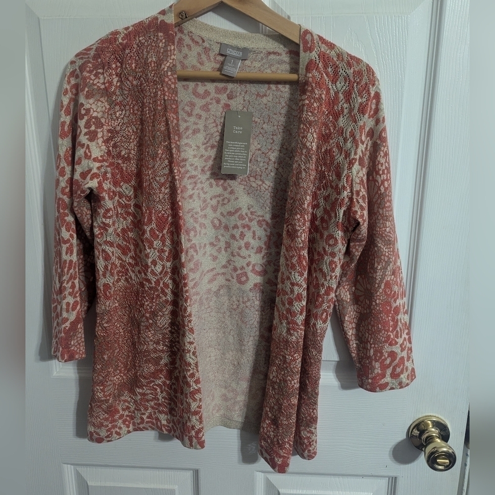 New Chicos Womens 1 (Medium) Sweater Cardigan Metallic Leopard Beige Orange